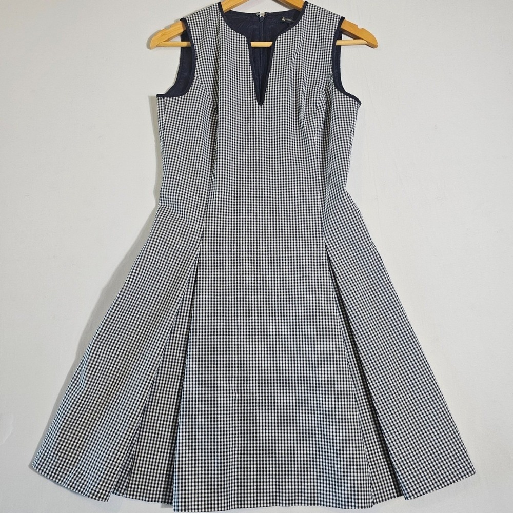 Brooks Brothers Fit & Flare Dress Womens 2 Blue White Gingham Plaid Notch V-Neck